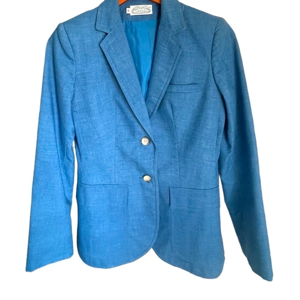 Vintage The Villager Two Button Blazer Size 6 Blue Linen Lined Shoulder Pads
